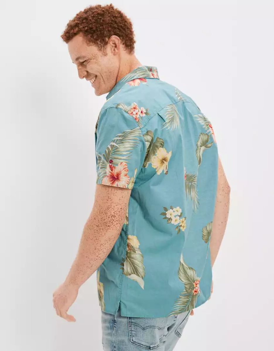 Hauts Flanelle American Eagle AE Tropical Button-Up Resort Shirt Turquoise Homme | FJS-26033845